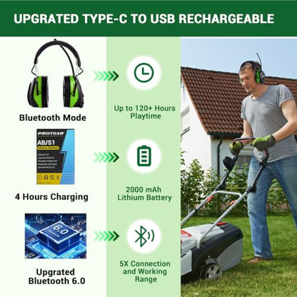 Bluetooth 6.0 AM FM Radio Headphone,Earmuff for Mowing,Construction - color: Green