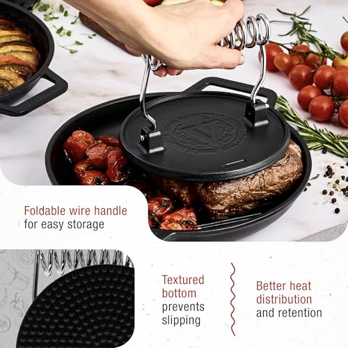 Victoria Round Cast-Iron Meat Press with a Wire Handle, Preseasoned with Flaxseed Oil, Made in Colombia - color: Black