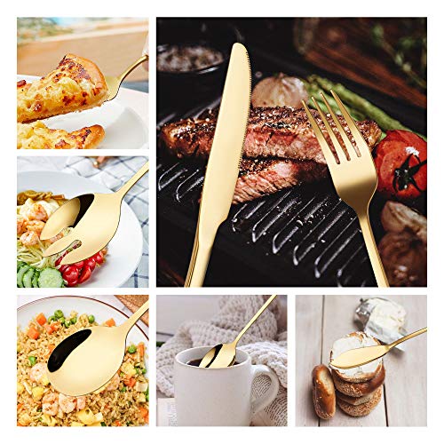 Gold Silverware Flatware Set, HF HOFTEN 45-Piece Stainless Steel Durable Cutlery Serving Set, Service for 8, Modern Elegant Design for Home/Hotel/Restaurant, Mirror Polished & Dishwasher Safe - color: HX032-45GO
