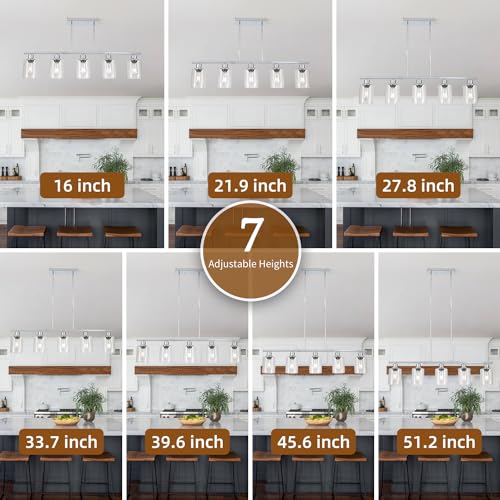 39.4" Kitchen Island Lighting, 5 Lights Clear Glass Pendant Light Fixtue, Chrome Linear Metal Chandelier for Dining&Living Room Foyer,Height Adjustable,E26 Socket - color: Chrome