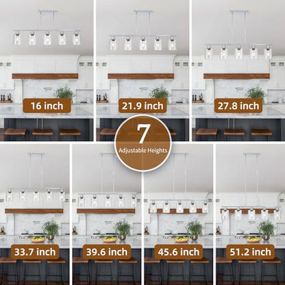 39.4" Kitchen Island Lighting, 5 Lights Clear Glass Pendant Light Fixtue, Chrome Linear Metal Chandelier for Dining&Living Room Foyer,Height Adjustable,E26 Socket - color: Chrome