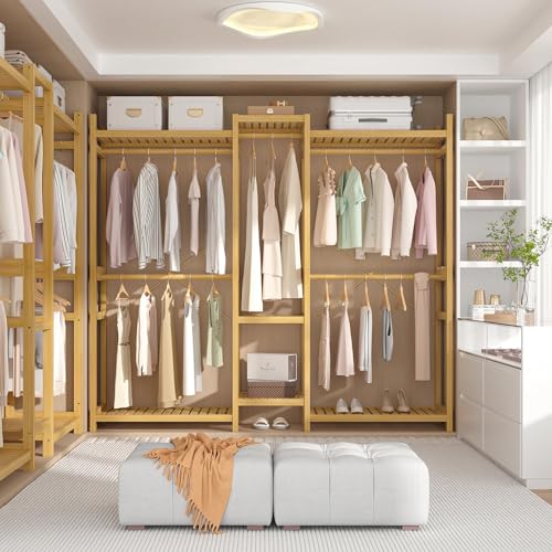 Homykic Bamboo Clothing Rack with 7 Shelves, 5 Hang Rods, 70” Wide, Natural - color: Natural, size: III Large