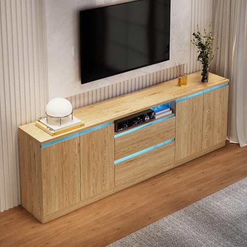 Bobve Modern TV Stand for TVs Up to 100",LED TV Console,Long Entertainment Center with 2 Drawer/2 Cabinets,Universal TV Stand for Living Room,Bedroom,Oak,3 Light Modes - color: Oak