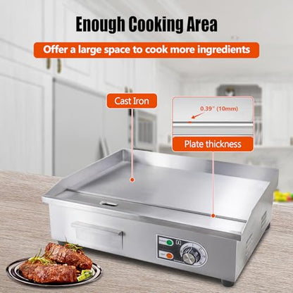 22" Commercial Electric Griddle,Electric Countertop Flat Top Griddle,110V 1600W Electric Flat Top Grill,Non-Stick Restaurant Teppanyaki Stainless Steel Grill,Adjustable Temperature Control - style: 22''