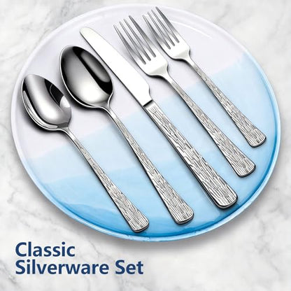 Yoehka 60Piece Hammered Silverware Set,Stainless Steel Flatware Set for 12 - style: 60Pcs Tree Pattern Handles