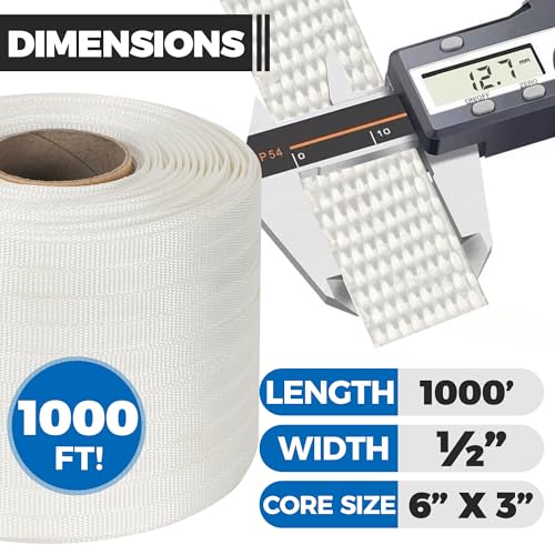Heavy Duty Woven Cord Flat Rope - 1000ft x ½” Roll - Banding & Pallet Strapping Kit - Includes Virgin Polyester Strapping Roll & Self-Dispensing Box
