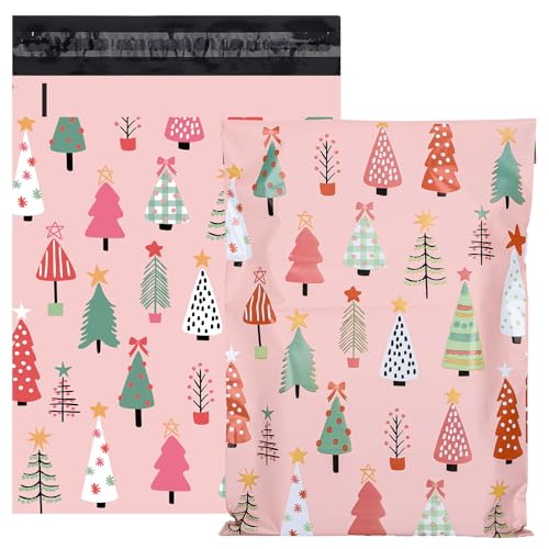 JarThenaAMCS 100Pcs Pink Christmas Poly Mailers 10 x 13 Inch Xmas Tree Packaging Bags Self Seal Mailing Envelope Bags for Winter Small Business Clothing Gift - style: pink xmas tree