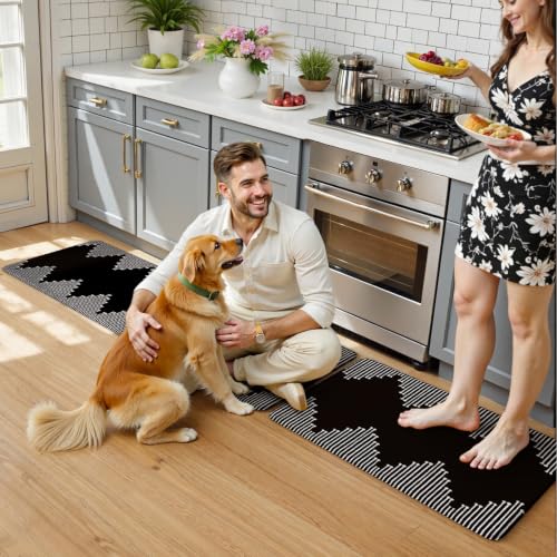 KIMODE Anti Fatigue Kitchen Mats,Black Boho Kitchen Rugs,Standing Desk Mats - color: Black Diamond, size: 17.3" x 47"+17.3" x 29"--0.47 inches