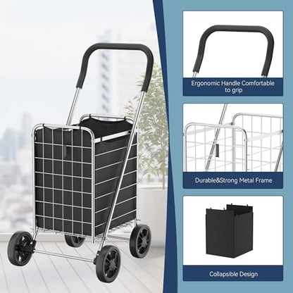 Whitmor Foldable Utility Shopping Cart with Wheels, 60Lb Capacity, Heavy Duty Grocery Cart with Steel Frame, Foam Handle, Rolling Utility Cart for Grocery, Laundry, Travel, Sliver/w Liner - size: 18.5"L x 18.5"W x 35"H，Sliver w/Liner