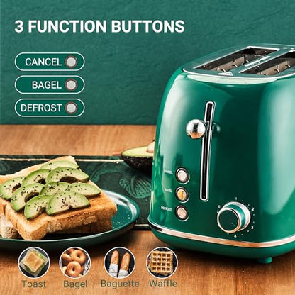 Roter Mond 2 Slice Toaster Retro Stainless Steel with Bagel, Cancel, and Defrost Functions, 6 Bread Shade Settings, Extra Wide Slots and Removable Crumb Tray, Green - color: Green