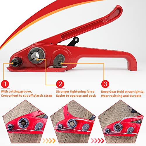 Box Packing Strapping Tool, Manual Sealer Heavy Duty Poly Strapping Tensioner Cutter Tool Kits for 1/2"-3/4" Wide Strap with 328ft Straps & 100 Buckles 50 Label 100 Edge Protectors