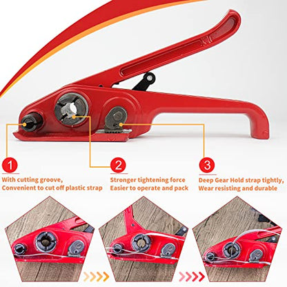 Box Packing Strapping Tool, Manual Sealer Heavy Duty Poly Strapping Tensioner Cutter Tool Kits for 1/2"-3/4" Wide Strap with 328ft Straps & 100 Buckles 50 Label 100 Edge Protectors