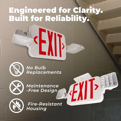 LFI Lights® Standard COMBO UL 924 Listed, Exit Sign with Emergency Lights, Remote Head Capabe, Red LED, White, 120/277VAC Hardwired with Battery Backup, Optional Double Face and Knock Out Arrows COMBO2-R-W-RH