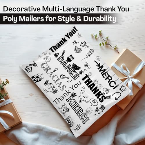 Shop4Mailers 6 x 9 Glossy Decorative Thank You Plastic Poly Mailer Bags Waterproof Shipping Mailing Envelope 2 Mil – Permanent Adhesive Seal (100 Pack, Multi-Language) - size: 6 X 9