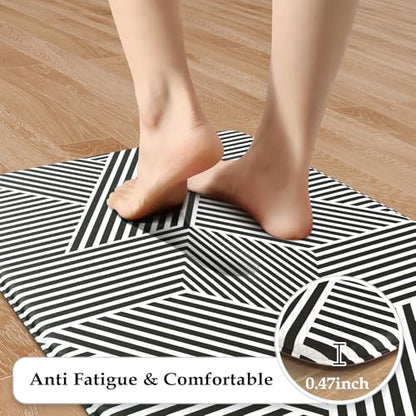 KIMODE Anti Fatigue Kitchen Mats, Padded Kitchen Floor Mats 17"x47"+17"x29" - color: Black Geometric, size: 17.3" x 47"+17.3" x 29"--0.47 inches