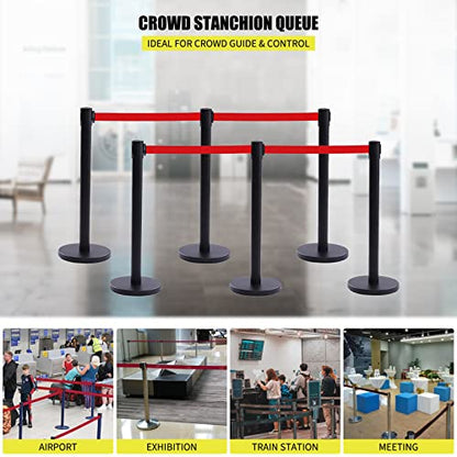 Crowd Control Stanchion, Set of 6 Pieces Stanchion, with 6.6 ft/2 m Red Retractable Belt, Black Steel Crowd Control Barrier w/Rubber Base - Easy Connect Assembly