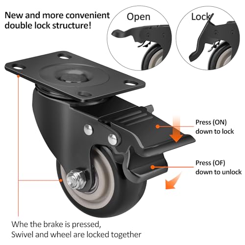 3 Inch Industrial Heavy Duty Swivel Caster Wheels with Brake,Set of 4 Safety Locking Casters,Load 1600lbs,Premium Polyurethane Wheels for Table,Trailer,Saw Table,Stage Toolbox,Bed,Corn Board - color: Black, size: 3inch