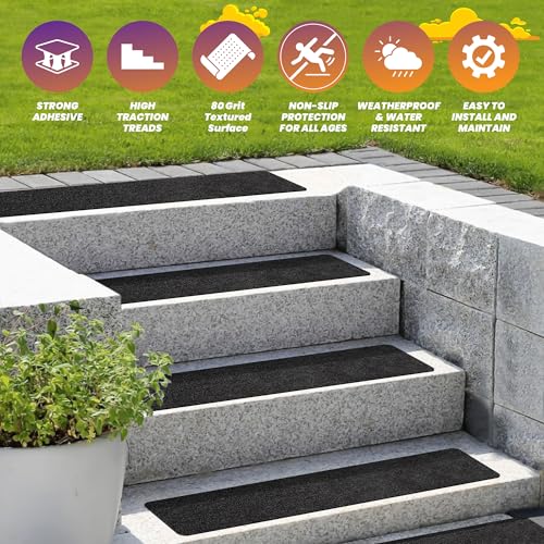 Outdoor Stair Treads Non Slip 30"x6" – 12 Pack Pre-Cut Anti Slip Grip Tape for Outdoor Wooden Steps – 80 Grit Waterproof Weather Resistant Adhesive Non Skid Strips – Includes Scraper