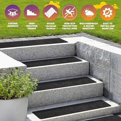 Outdoor Stair Treads Non Slip 30"x6" – 12 Pack Pre-Cut Anti Slip Grip Tape for Outdoor Wooden Steps – 80 Grit Waterproof Weather Resistant Adhesive Non Skid Strips – Includes Scraper