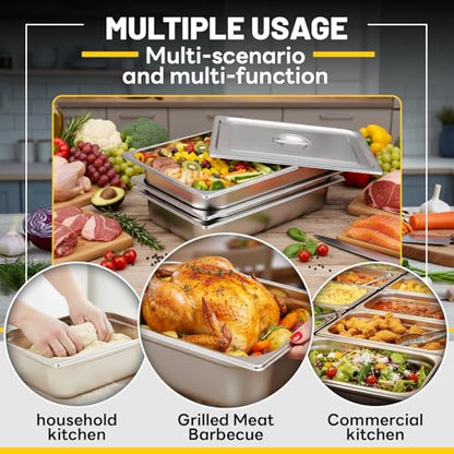 Hotel Pans Deep Steam Table Full Size Pan Set, Steam Table Pans with Lids, Stainless Steel Commercial Food Storage Containers Stackable Metal Steamer Pan(4" Deep 6 Pack, 1/1 Size) - color: 4" Deep 6 Pack