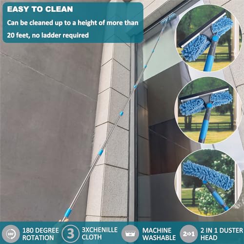 20+ Feet Reach Blue 2 in 1 Window Washing Squeegee & Duster with 3-14 ft Spliceable Extension Pole // Window Cleaning Tool & Window Washer Squeegee for Home Indoor Outdoor Window Washing