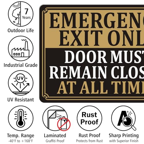 Emergency Exit Only Signs Door Must Remain Closed At All Time Sign 10" x 7" Acrylic Plastic Keep Gate Closed Sign Self-adhesive for Restaurant Salons Hotel Motel Rest Stops Public