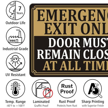 Emergency Exit Only Signs Door Must Remain Closed At All Time Sign 10" x 7" Acrylic Plastic Keep Gate Closed Sign Self-adhesive for Restaurant Salons Hotel Motel Rest Stops Public