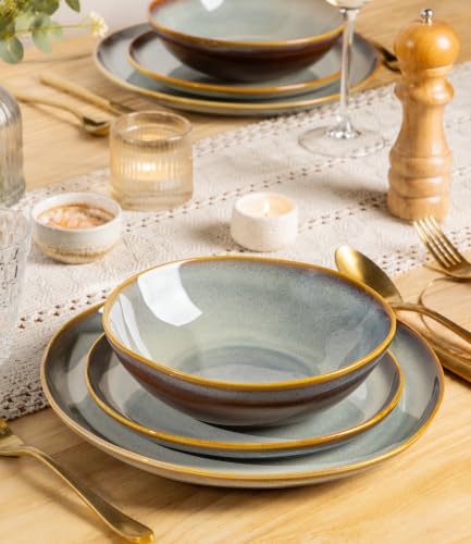 TheTerra Ceramic Dinnerware Set for 4, 12-Piece Plates and Bowls Set - color: Dusk Blue