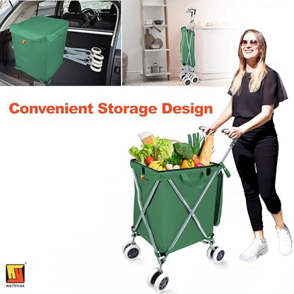 Wellmax Folding Shopping Cart with Canvas Bag & Cover, Holds 120 lb, Green - color: Green