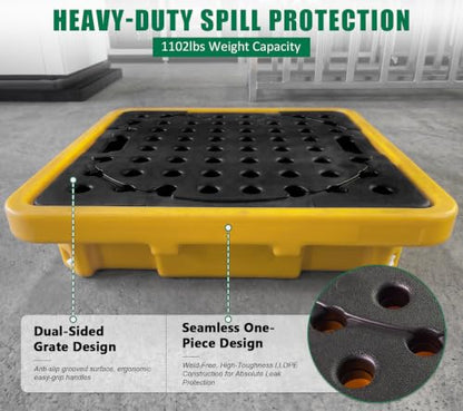 Heavy-Duty Modular Spill Containment Pallet for 55 Gal Drum | Low-Profile Leak-Proof Platform with 11.35 Gallon Sump & Removable Grating | 1102 lbs Capacity,Chemical Resistant LDPE,Stackable - size: 1 Drum