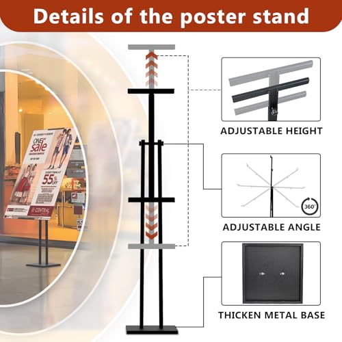 Heavy Duty Sign Stand, Floor Poster Board Stand, Adjustable Metal Sign Holder Height Up to 60 Inches and 180° Rotation Display Standing Pedestal for Board & Foam (Black-2PC)