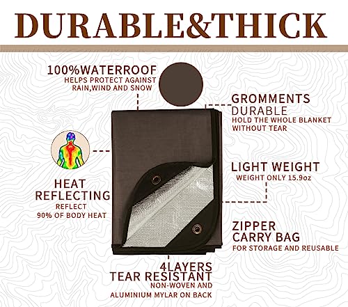 Heavy Duty Survival Blanket -Multifunctional Reflective Tarp Thermal Blanket - 60" x 83" Waterproof Sandproof for Camping Hiking Outdoors Multifunctional Emergency Blanket… - color: Brown