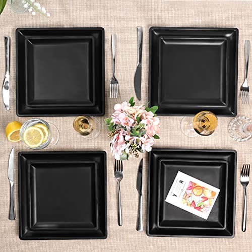 12 Piece Melamine Plates and Bowls Sets，Black Square Dinnerware Set for 4 - color: Pure Black
