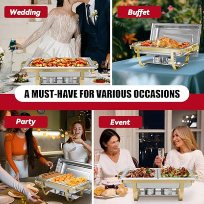 IMACONE 4 Pack Chafing Dish Buffet Set, 8QT Stainless Steel Rectangular Gold Frame Chafers and Buffet Warmer Sets 7 Pans Rolled-Edge Design for Catering Event Party Holiday - color: Gold Frame, size: 4-Pack Combo