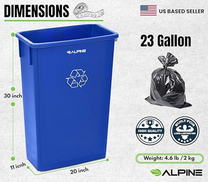 Alpine Commercial Slim Trash Can 23 Gallon - Set of 3 Tall Blue Recycle Bin – Space-Saving, Leakproof Plastic Waste Receptacles for Office, Janitorial & Public Use