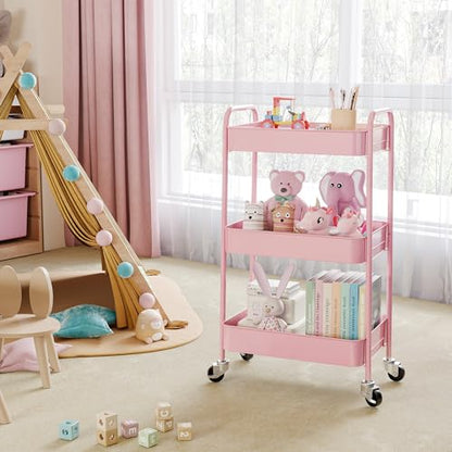 TOOLF 3 Tier Metal Rolling Cart, Utility Storage Cart with Wheels, Pink - color: Pink, size: 3-Tier