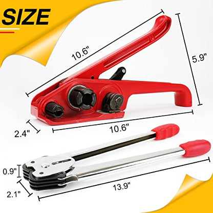 Box Packing Strapping Tool, Manual Sealer Heavy Duty Poly Strapping Tensioner Cutter Tool Kits for 1/2"-3/4" Wide Strap with 328ft Straps & 100 Buckles 50 Label 100 Edge Protectors