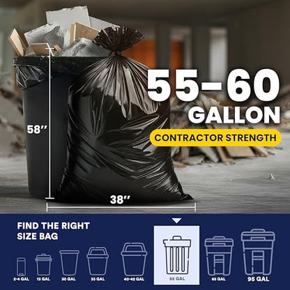Plasticplace Contractor Garbage Bags: 55 Gallon Trash Bags Heavy Duty, Big Black Trash Bags, 36"x58", 6.0 Mil, Pack of 20 - color: Black, size: 20 Count (Pack of 1)