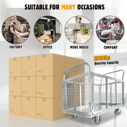 Platform Truck Cart with Cage, Multipurpose 6 in1 Foldable Flatbed Cart Heavy Duty Push Cart Dolly W/Swivel Wheels 2000lbs Capacity Utility Hand Cart for Grocery/Laundry/Stall/Storage - style: 39"x24" with High Fence