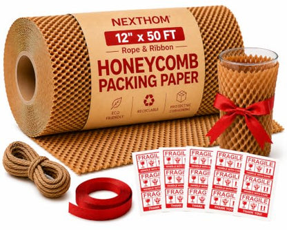 Honeycomb Packing Paper, 12 Inch x 50 FT – Eco-Friendly Recyclable Cushioning Wrap Roll for Moving & Shipping, Bubble Wrap Alternative with Rope, Ribbon & 40 Fragile Stickers - size: 12" x 50'