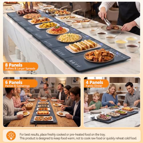 Warming Tray with Independent Temperature & Timer Control 66" x 15" Electric Warming Tray for Buffets Party Food Warmer with 17 Heat Levels 12H Timer Child Lock for Family Dinners Catering - size: 8 Panels（66" x15"）