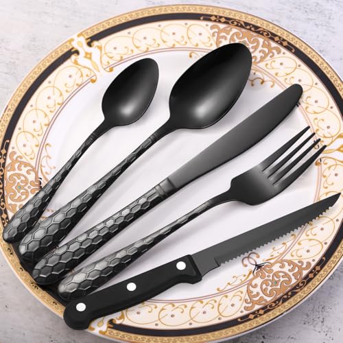 30 Pcs Black Hammered Silverware Set Service for 6,with Steak Knives Stainless Steel Flatware Set,Mirror Cutlery Utensil,Durable Kitchen Tableware,Ripple Teardrop Fork Knife Spoon,Dishwasher Safe - color: 12SLF-30pc/Steak Knives-Black