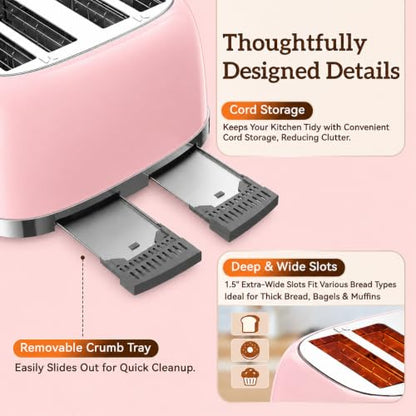 Retro Toaster 4 Slice Wide Slot Touch Screen, Blush Pink - color: Blush Pink