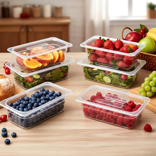 6 Pack 1/3 Size 4" Deep Polycarbonate Food Pans Plastic Clear Food Pans with Lids Stackable Transparent Foo d Storage Containers for Kitchen Restaurant Foo d Prep, Freezer-Safe