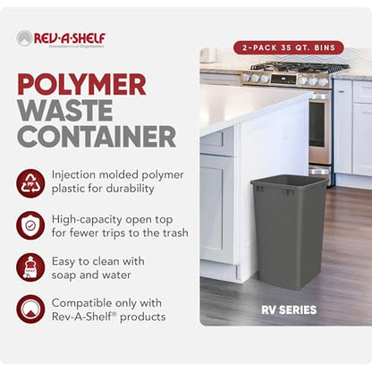 Rev-A-Shelf Double Pullout Garbage Trash Cans for Kitchen Cabinets, 35 Qt - color: Dark Gray, style: 2 Pack