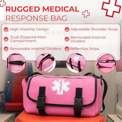 Fully Stocked EMT Trauma Bag – Tactical First Responder Medical Kit with Tourniquet, Vented Chest Seals, Hemostatic Gauze, Trauma Shears, Bandages & Bleeding Control Supplies – Pink