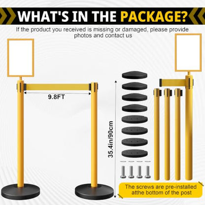 4-Pack Yellow Stainless Steel Crowd Control Stanchions, 9.8 ft Retractable Yellow Stripe Safety Belts with 1 Sign Holder(Yellow Belt) - color: Yellow stanchions w Yellow Belt, size: 4 pcs