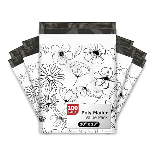10x13 (100) Black and White Sketched Floral Summer Designer Poly Mailers Waterproof Self Sealing Tear Resistant Polymailers Shipping Envelopes Premium Printed Bags For Small Businesses - color: Black and White Flowers, size: 10x13 inches