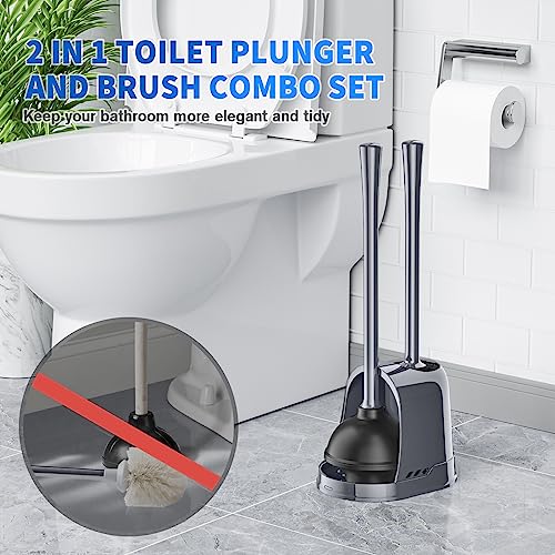 LOVLOY Toilet Plunger and Brush, Bowl Brush and Heavy Duty Toilet Plunger Set with Ventilated Holder, 2-in-1 Toilet Brush and Plunger Combo for 5.3-inch Toilet Drain Bathroom Cleaning (White) - color: Gray