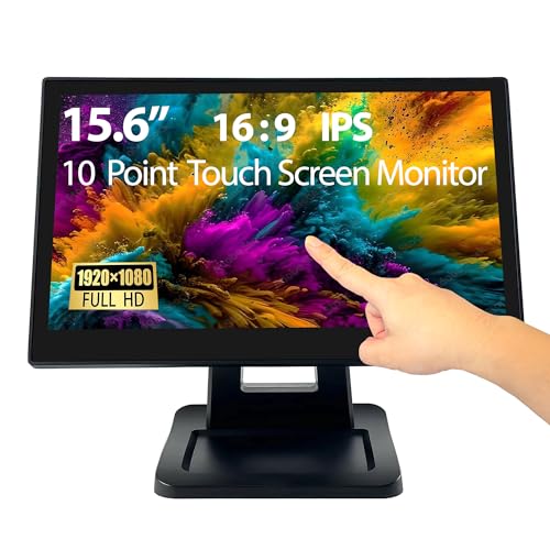 ANGEL POS 15.6 Inch 1920 x 1080 FHD IPS Touchscreen POS Monitor with Metal Stand, 10 Points Touch HDMI VGA, Waterproof Dustproof Screen 1080P, Indusitrial, Office, Retail, Gym, Warehouse (Black) - color: Black